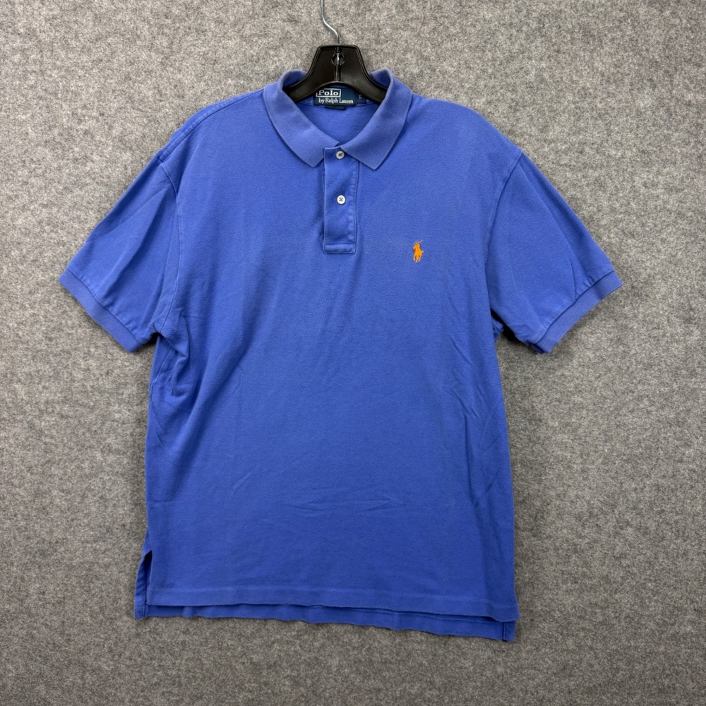 Polo Ralph Lauren Mens L Blue Short Sleeve Cotton Pique Polo Orange Pony Logo